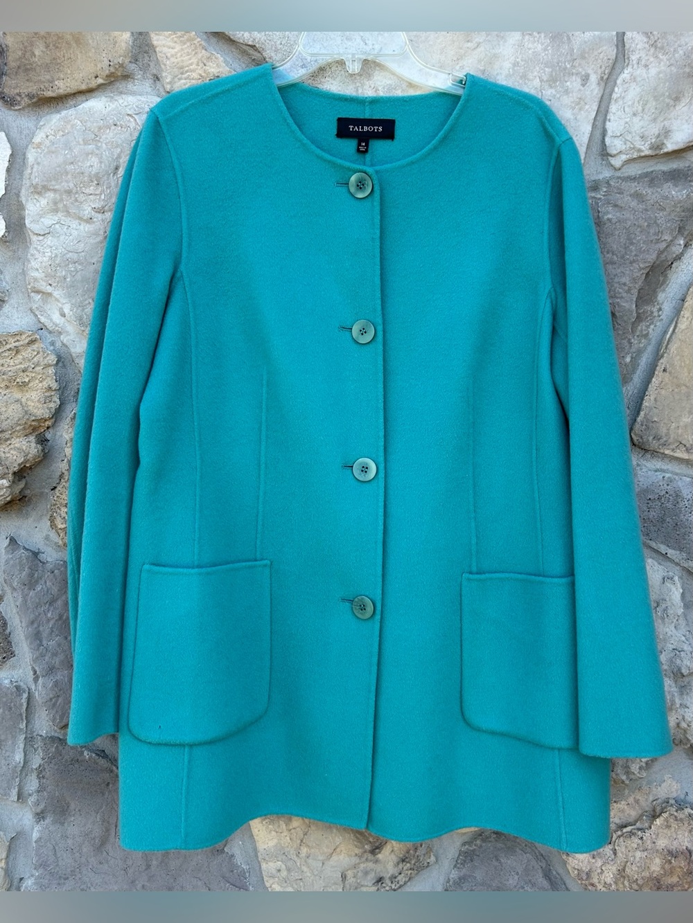Talbots Soft Wool Coat Size 14 Teal Button Front Sophisticated Chic Fall Winter